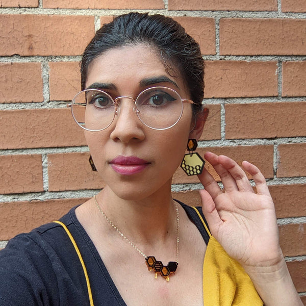 cute hexagon earring honey coloured beehive statement jewelry