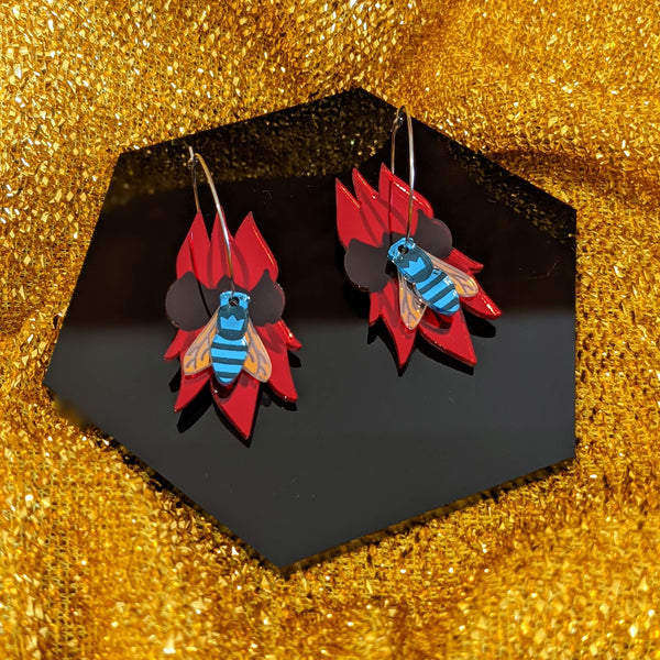 Sturt desert pea hoop earrings handmade in australia native blue banded bee