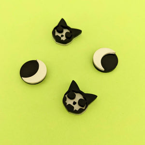 Glow in the dark cat skull and moon halloween goth earrings