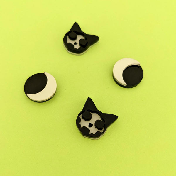 Glow in the dark cat skull and moon halloween goth earrings