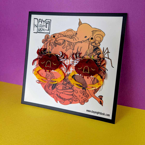 Cooked red and yellow, blue swimmer crab earrings and ocean jewellery inspired by ocean creatures