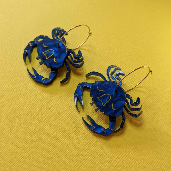 quirky blue layered acrylic crab hoop earrings