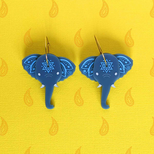 elegant blue grey acrylic Indian elephant with mandala hoop earrings