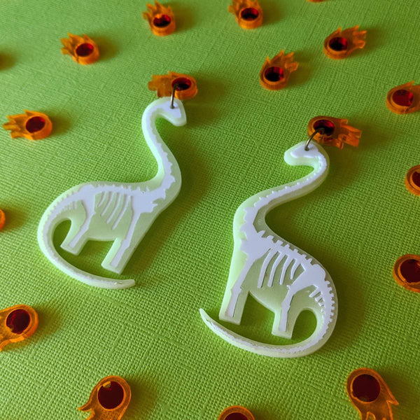 Science earrings, green glow in the dark brontosaurus earrings featuring mirror asteroids
