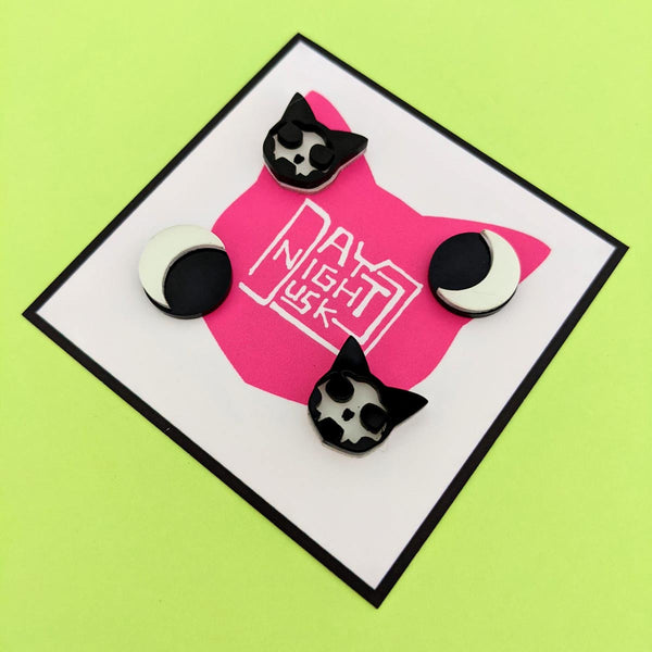 Cat, skull and moon glow in the dark earrings for halloween and witchcraft