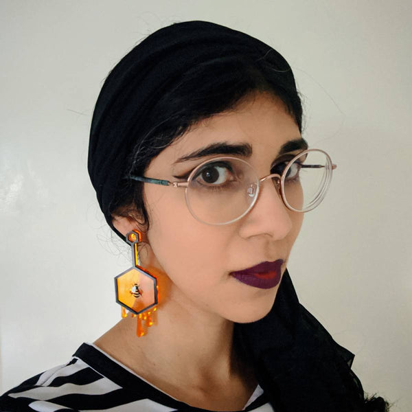 Honey bee jewellery featuring acrylic hexagon statement earrings handmade in Australia