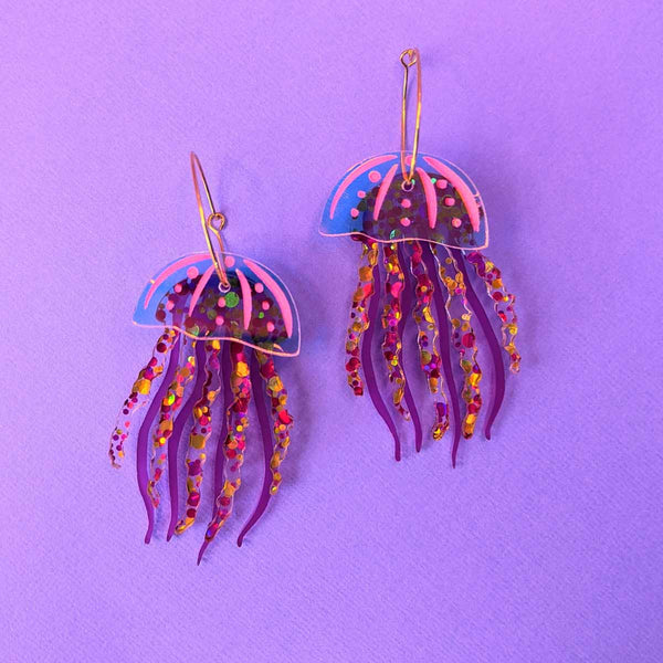 quirky pink layered acrylic jellyfish hoop earrings
