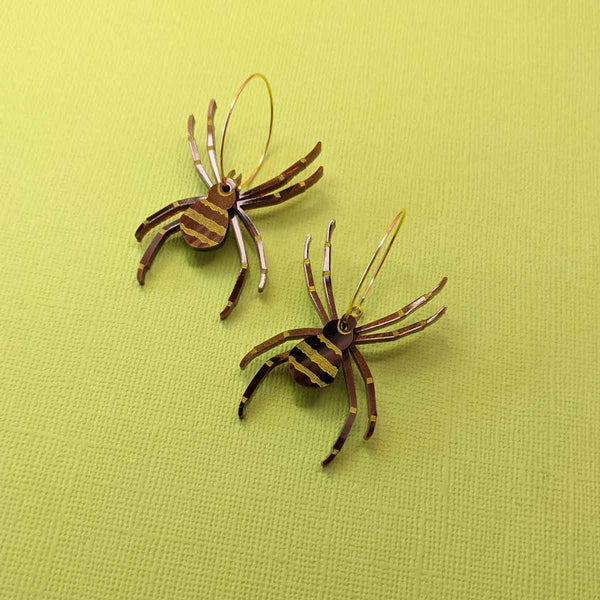 quirky brown and yellow layered acrylic st andrews spider hoop earrings