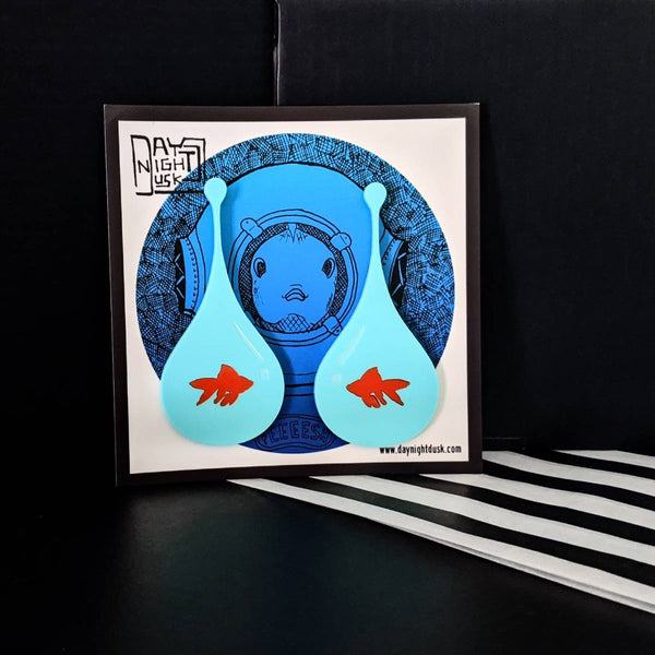 Funky jewellery piece, teardrop fish earrings in a shape of a teal fishbowl with orange goldfish