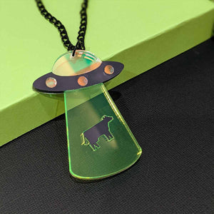 Cool, fluro calf necklace with a UFO theme