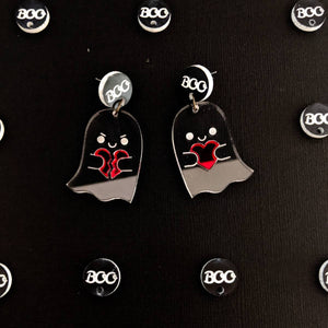 Valentine earrings featuring clear cute ghosts with mirror red hearts