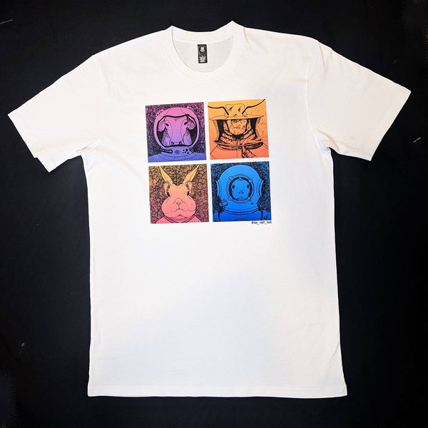 Mens graphic t-shirt featuring space cow, apiary joe, Rachel Rabbit and Land Fish
