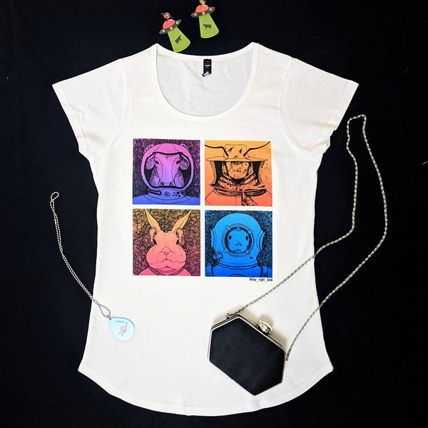 Cute and quirky womens white t-shirt with funky graphic print including a bee, rabbit, fish and cow