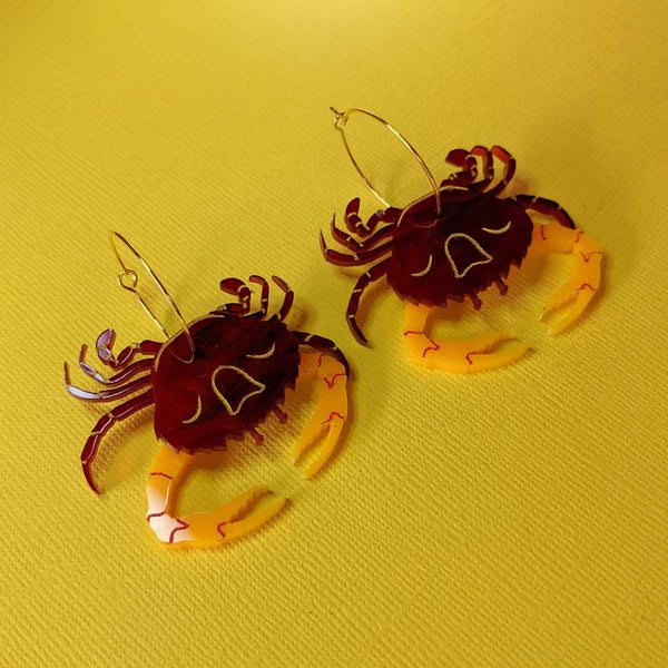 quirky red and yellow layered acrylic crab hoop earrings