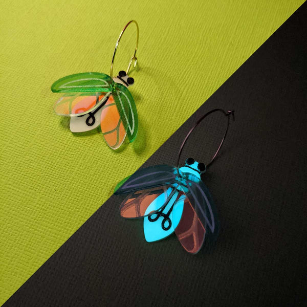 quirky glow in the dark acrylic firefly hoop earrings