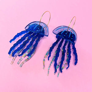 quirky blue layered acrylic jellyfish hoop earrings