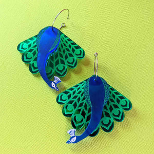 elegant royal blue and mirror green acrylic peacock hoop earrings